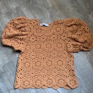ZARA Crochet Bubble Sleeve Carmel Top